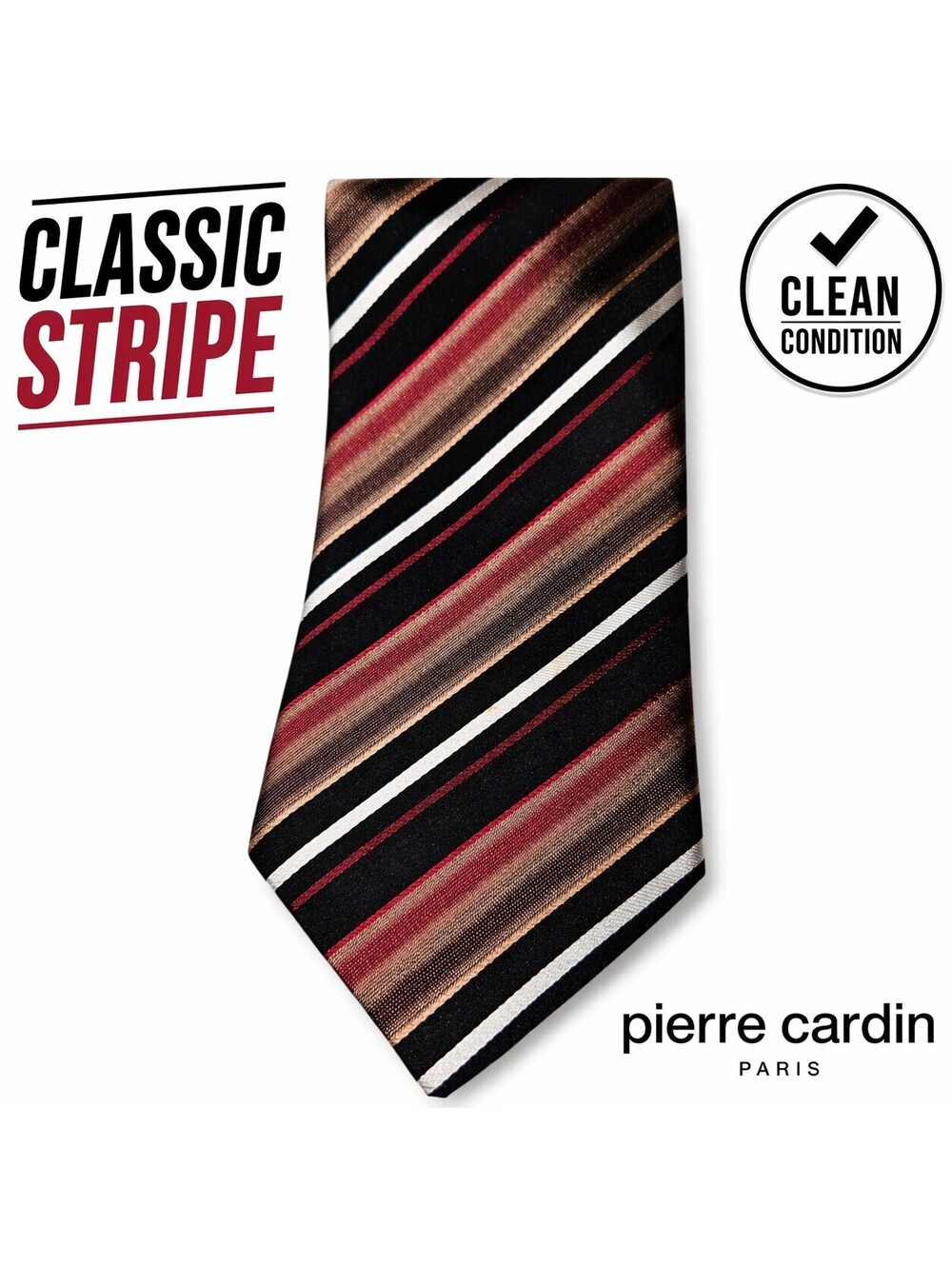 Pierre Cardin Men’s Tie Black Brown Red Striped Classic Necktie Business Silk...